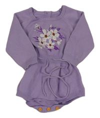 Fialový svetrový kraťasový overal s kytičkami 