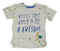 Nové - bílé melírované tričko s nápisy a barevnými skvrnkami Rebel