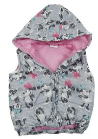 Šedá melírovaná prošívaná šusťáková zateplená vesta s Minnie a kapucí Disney