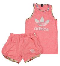 2set - Neonově růžový melírovaný top + kraťasy s logem Adidas 