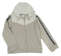 Světlešedo-bílá funkční sportovní propínací mikina s logy a pruhem kapucí Nike