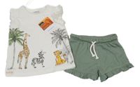 Nové - 2Set - Khaki mačkané kraťasy s volánky + bílé tričko se Lvím králem Disney