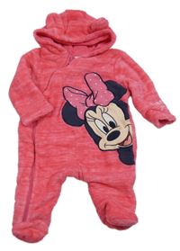 Tmavorůžová melírovaná chlupatá podšitá kombínéza s Minnie a kapucí Disney