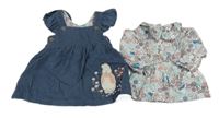 2set - Tmavomodré manšestrové šaty s Peter Rabbit + bílá květovaná halenka M&S