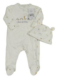 Nové - 2set - Bílý overal se zvířaty + bavlněná čepice Next