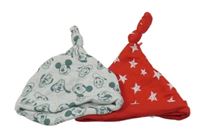 2x bavlněná čepice - červená s hvězdami + světlešedá melírovaná s Mickeym a přáteli