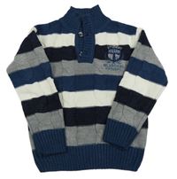 Tmavomodro-bílo-šedý pruhovaný vlněný svetr s nášivkou