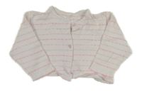 Bílo-růžový pruhovaný propínací svetr s perforovaným vzorem