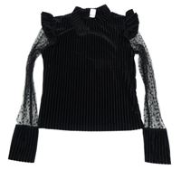 Černé žebrované sametové crop triko s tylovými rukávy Shein