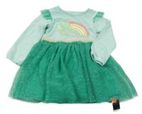 Nové - Mátovo-zelené teplákovo/tylové šaty s duhou a trojlístkem Dunnes