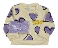 2set - Béžová mikina se srdíčky + lila čelenka s mašlí Shein