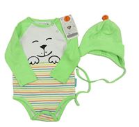 Nové - 2set - Bílo-zelenkavo-barevné body s čumákem a pruhy + čepice Coccodrillo