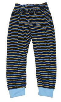 Tmavomodro-modro-žluté pruhované sametové pyžamové kalhoty Pocopiano