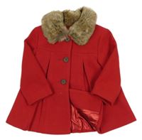 Červený flaušový kabát s kožeinovým límcem zn. F&F