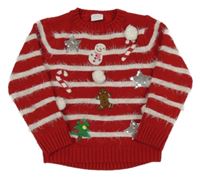 Černo-bílý pruhovaný svetr s vánočními obrázky F&F