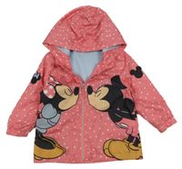 Růžová puntíkatá šusťáková jarní bunda s Mickeym a Minnie a kapucí Disney
