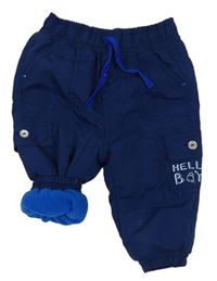 Tmavomodré šusťákové zateplené cargo cuff kalhoty s nápisem zn. Ergee