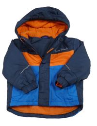 Tmavomodro-oranžová šusťáková zimní bunda s nápisem a kapucí Lupilu