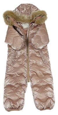 Růžová šusťáková lesklá prošívaná zimní kombinéza s kapucí s kožešinou Next