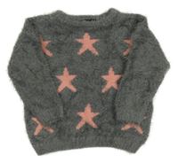 Šedo-růžový chlupatý svetr s hvězdami 