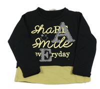 Černo-žluto-pískové triko s nápisy a kamínky 