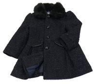 Tmavomodro-černý kostkovaný třpytivý vlněný podšitý kabát s kožešinovým límcem F&F