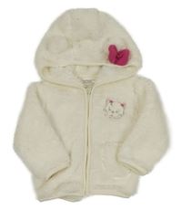 Smetanová chlupatá propínací mikina s kočičkou a kapucí s mašlí 