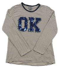 Béžovo-tmavomodré pruhované triko s nápisem z flitrů Tchibo
