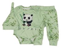 3set - Světlezelené body s pandou + tepláky s listy + čepice 