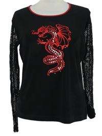 Dámské černé triko s drakem a síťovanými rukávy Taifun