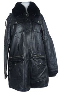 Dámský černý koženkový kabát s kožíškem River Island 
