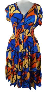 Dámské modro-oranžovo-červené vzorované šaty 