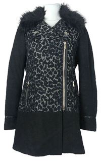 Dámský černo-vzorovaný vlněný kabát s kožíškem F&F