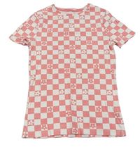 Růžovo-bílé kostkované žebrované tričko s kytičkami F&F