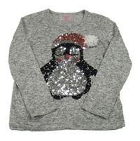 Šedé melírované úpletové triko s tučňákem z flitrů Primark