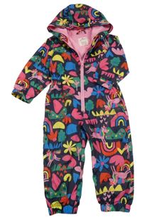 Tmavomodrá šusťáková podšitá kombinéza s obrázky a kapucí