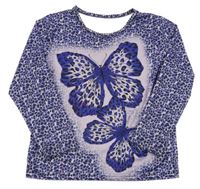 Fialové elastické vzorované crop triko s motýlem 