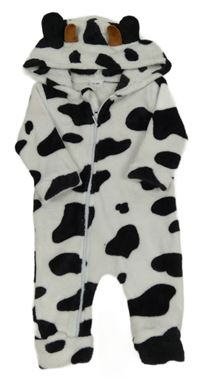 Bílo-černá vzorovaná chlupatá kombinéza s kapucí - kravička