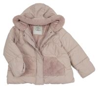 Pudrová prošívaná šusťáková zimní bunda s kapucí s kožešinou a oušky George