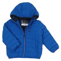 Modrá šusťáková prošívaná lehká zateplená bunda s nápisem a kapucí 