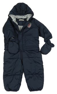 Tmavomodrá šusťáková zimní kombinéza s kapucí + rukavice