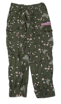 Tmavozelené květované plátěné kalhoty s motýly a kapsami 