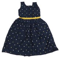 Tmavomodro-bílo-okrové vzorované plátěné šaty 