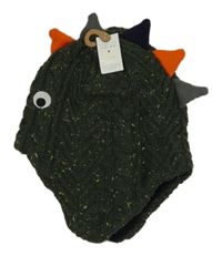 Nové - Khaki melírovaná pletená čepice s dinosaurem Monsoon vel. 3-6 let 