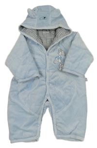 Světlemodrá sametová zateplená kombinéza s medvídky a kapucí 