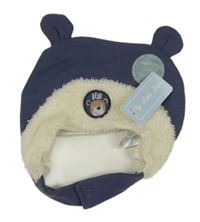 Nové - Modrá bavlněná podšitá ušanka s medvídkem Petite Bear 
