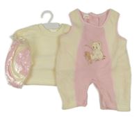 Nové - 3set - Smetanovo-růžové fleecové laclové kalhoty s medvídkem + mikina + čepice