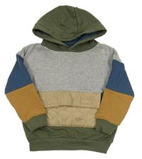 Šedo-khaki-tmavomodro-hnědá melírovaná oversize mikina s kapsou a kapucí Tu