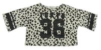 Světlebéžovo-hnědo-černé vzorované crop triko s číslem a nápisem a pruhy H&M