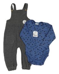 Nový - tmavošedé melírované žebrované laclové tepláky + tmavomodré vzorované body Next